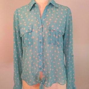 My Michelle aqua sheer button down blouse, S